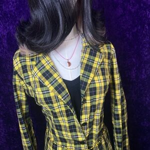 Yellow and Black Plaid Slim-Fit Blazer & Skirt